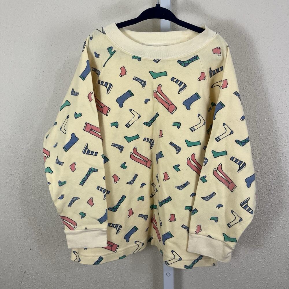 N Kids Vintage Novelty Sock Print Long Sleeve Tee Kids 10/12 Made in Peru Yellow